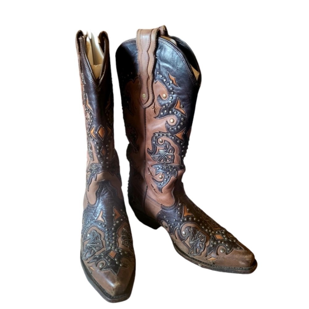 Pecos Belle Two Tone Brown Leather Cowboy Cowgirl Western Boots Size 6.5